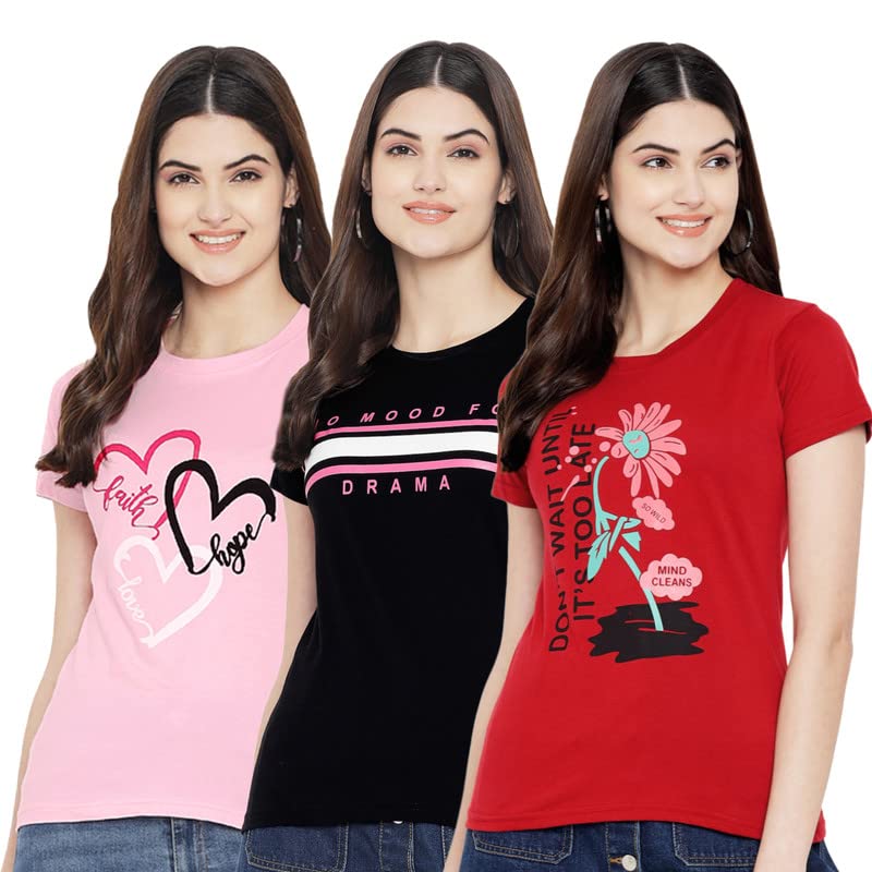 Preneum Womens Cotton Regular Fit Latest Graphic Stylish Printed Short Sleeves Casual T-Shirt || Trend & Style (Pack 3), Pink &