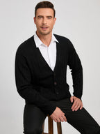 Kallspin Men's Cardigan Sweater Cashmere Wool Blend Cable Knit V Neck Buttons Cardigan with Pockets(Black, Medium)