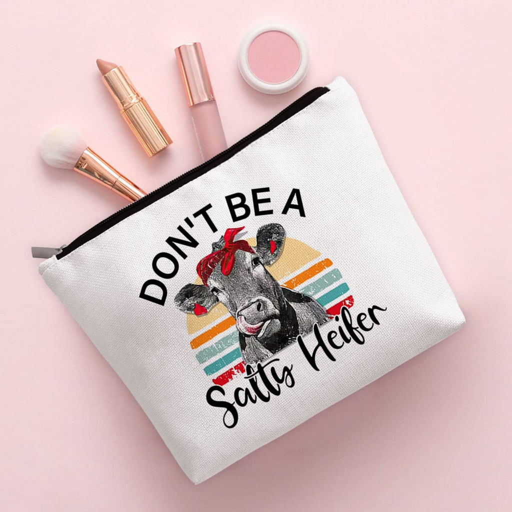 BiuNiuring Cow Gifts for Cow Lovers, Cow Gifts for Women, Crazy Heifer Cosmetic Bag, Funny Retro Sarcastic Cow Makeup Bag, Don't