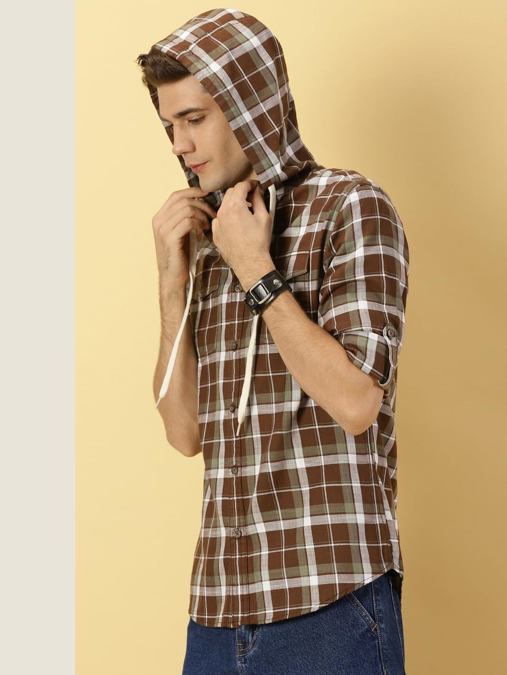 Thomas Scott Tartan Checked 100% Cotton Shirt Hoodie for Mens Caramel