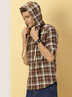 Thomas Scott Tartan Checked 100% Cotton Shirt Hoodie for Mens Caramel