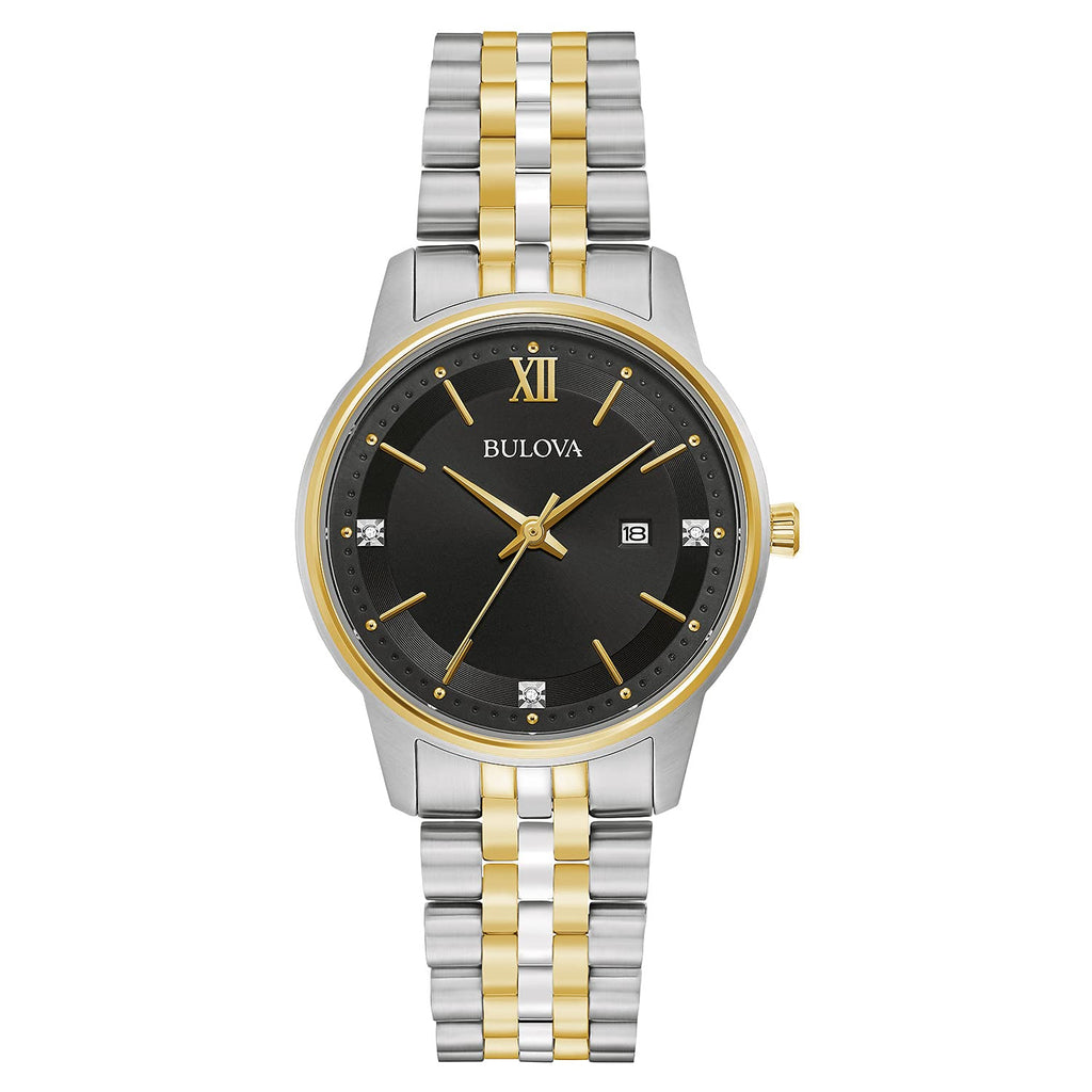 Bulova Ladies' Classic Diamond Two-Tone Gold Stainless Steel 3-Hand Calendar Date Quartz Watch, Black Dial Style: 98P198