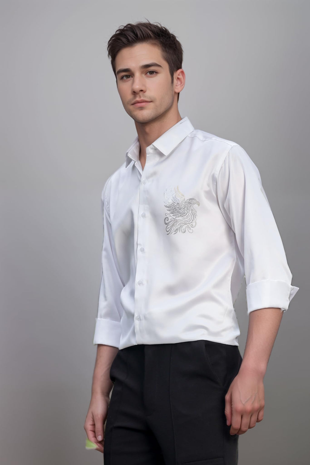 Indoprimo MenS Stylish Long Sleeve Satin Sequence Print Shirt White