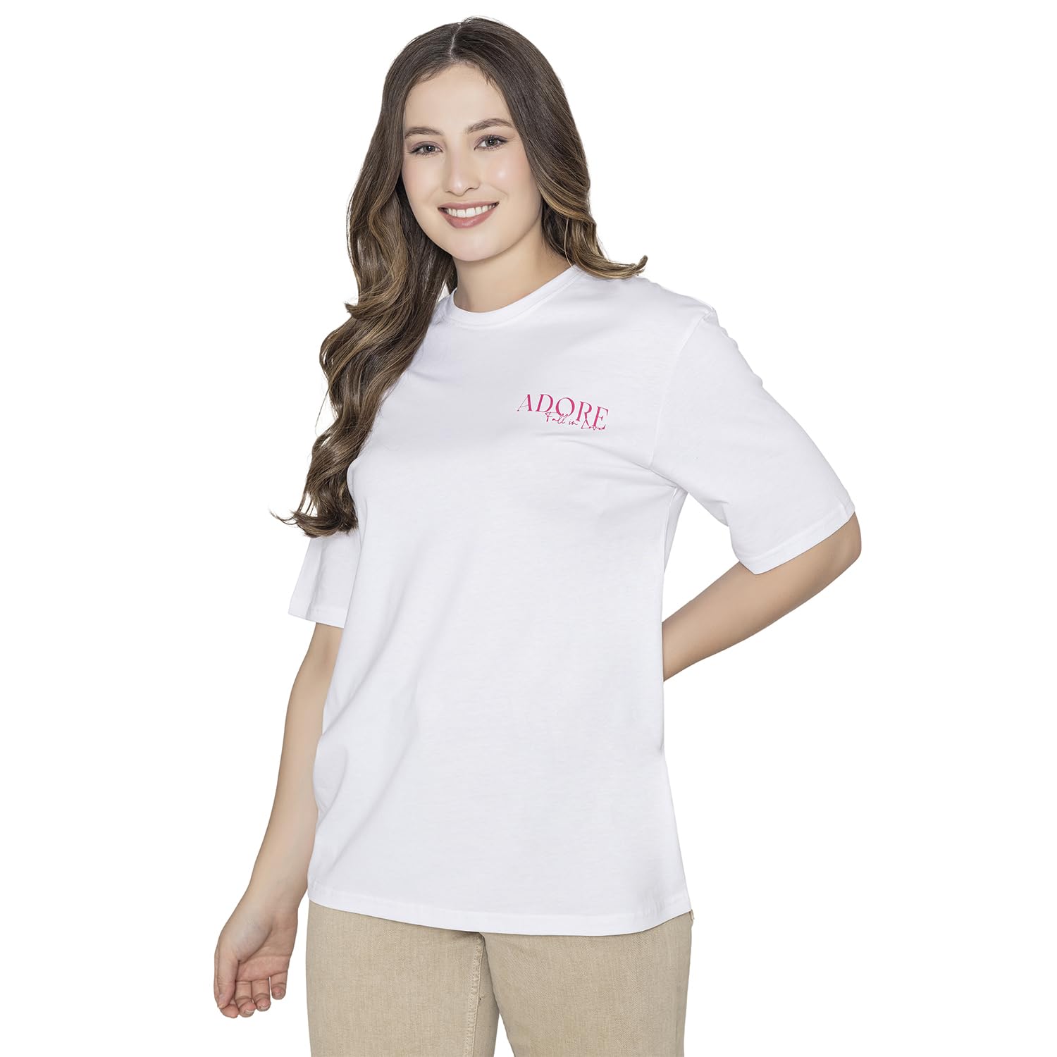 Bonjour Womens Super Combed Cotton Regular Fit Graphic Printed Round Neck Half Sleeve T-Shirt (Color:-White)