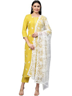 ANNI DESIGNER Womens Cotton Blend Embroidered Kurta with Pant & Dupatta (Mukund Yellow_XXL_Yellow_XX-Large)