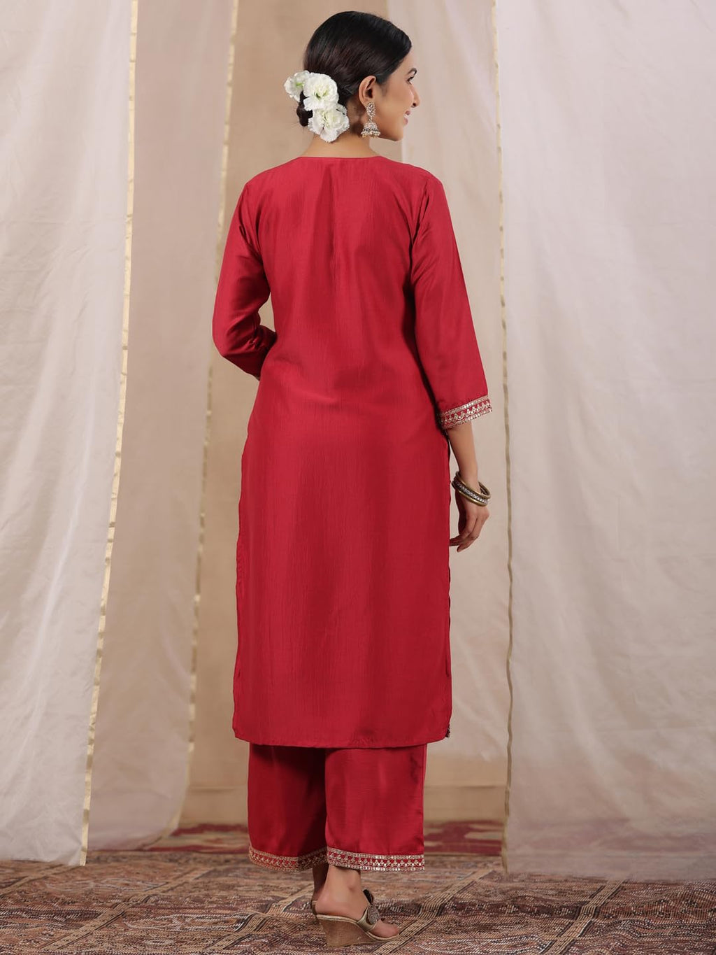 Ishin WomenS Fuchsia Zari Work Ethnic Motifs Poly Silk Straight Kurta