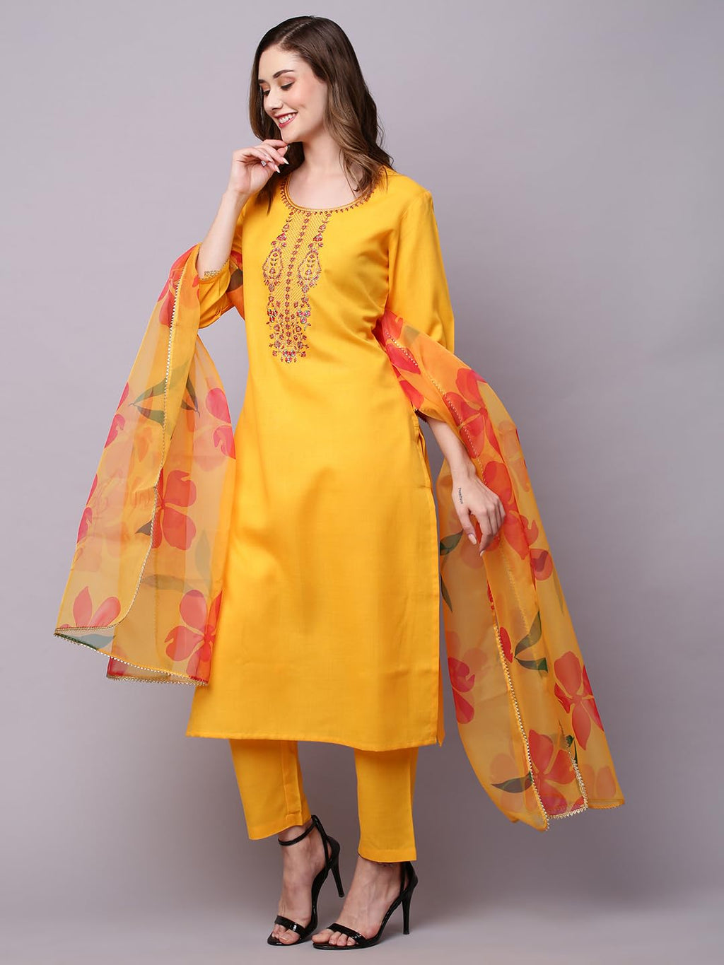 ANNI DESIGNER Ladies Cotton Blend Kurta with Trousers and Dupatta, yellow, XL