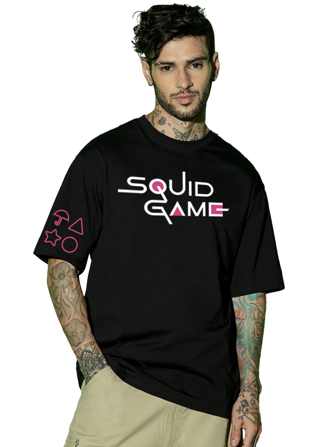 Bewakoof Official Squid Game Merchandise Mens Graphic Printed Oversized Fit Half Sleeve Round Neck Cotton Jersey T-Shirt_657414
