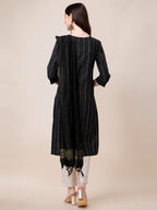 Fashion Basket Women Cotton Striped Printed Kurta Set With Pant & Dupatta (Medium, Black)