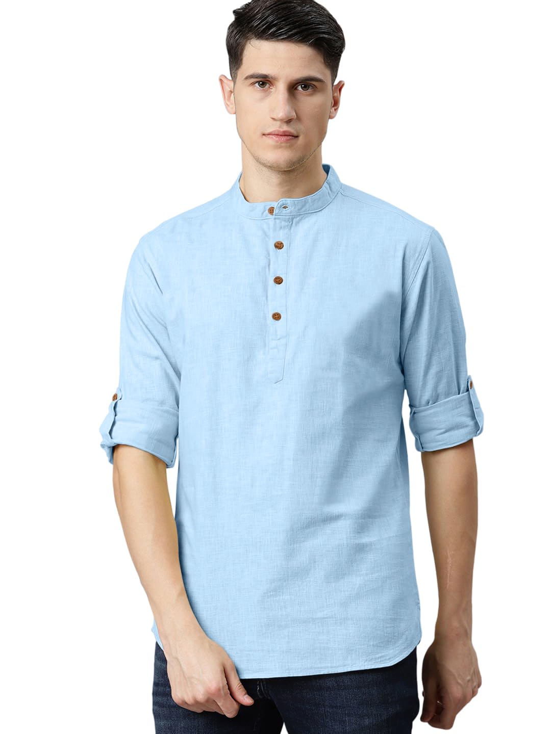 Zombom MenS Cotton Blend Solid Casual Regular Fit Mandarin Collor Short Kurta For Men Sky Blue