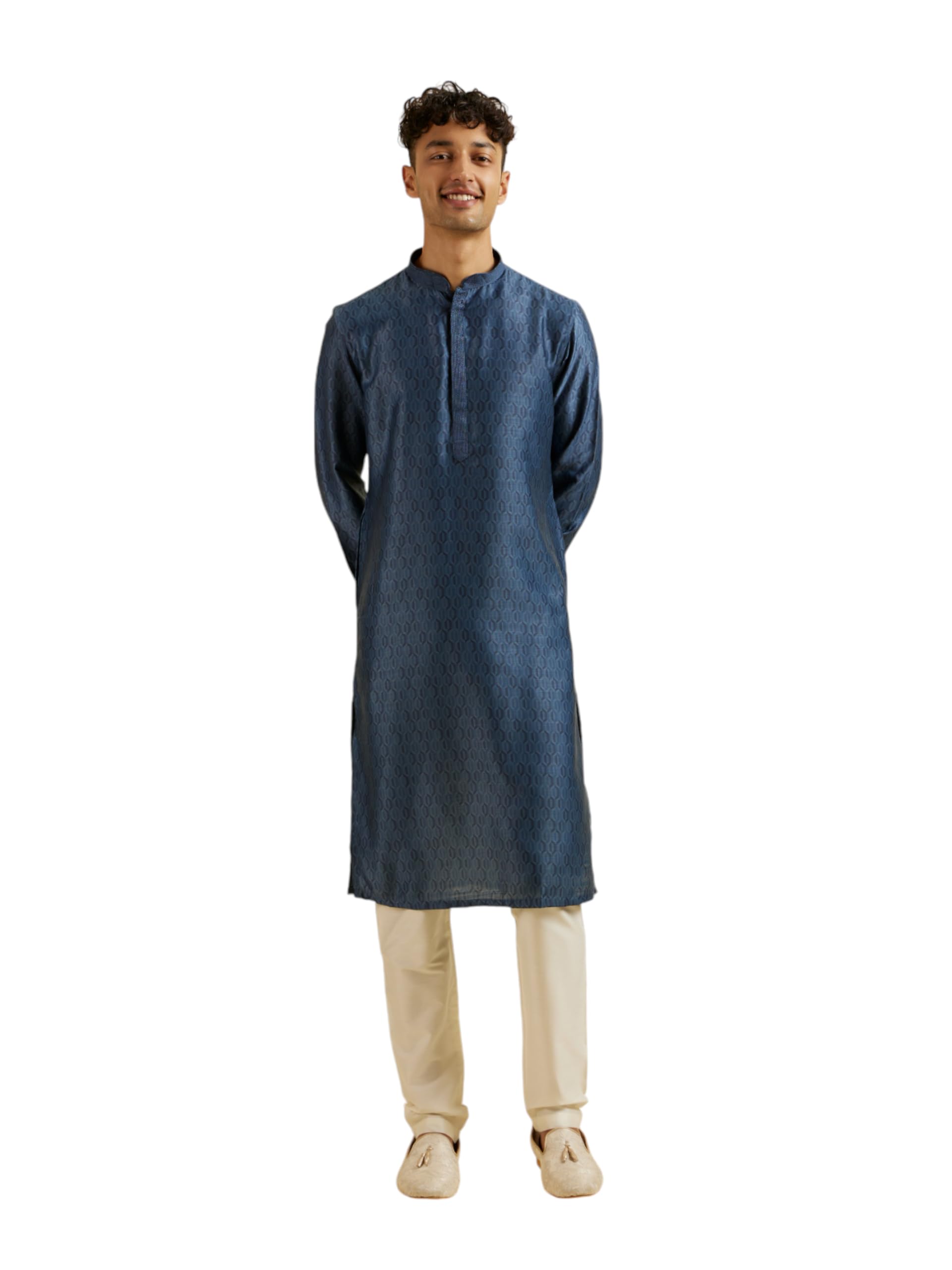 Manyavar Mens Satin Printed Kurta Pyjama Set (Blue,S)