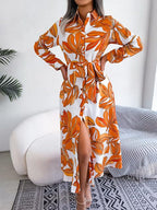 Gufrina WomenS Crepe Midi Dress With Full Sleeves Floral Printed Collar Neck Maxi Length Regular Fit And A Line Style Orange