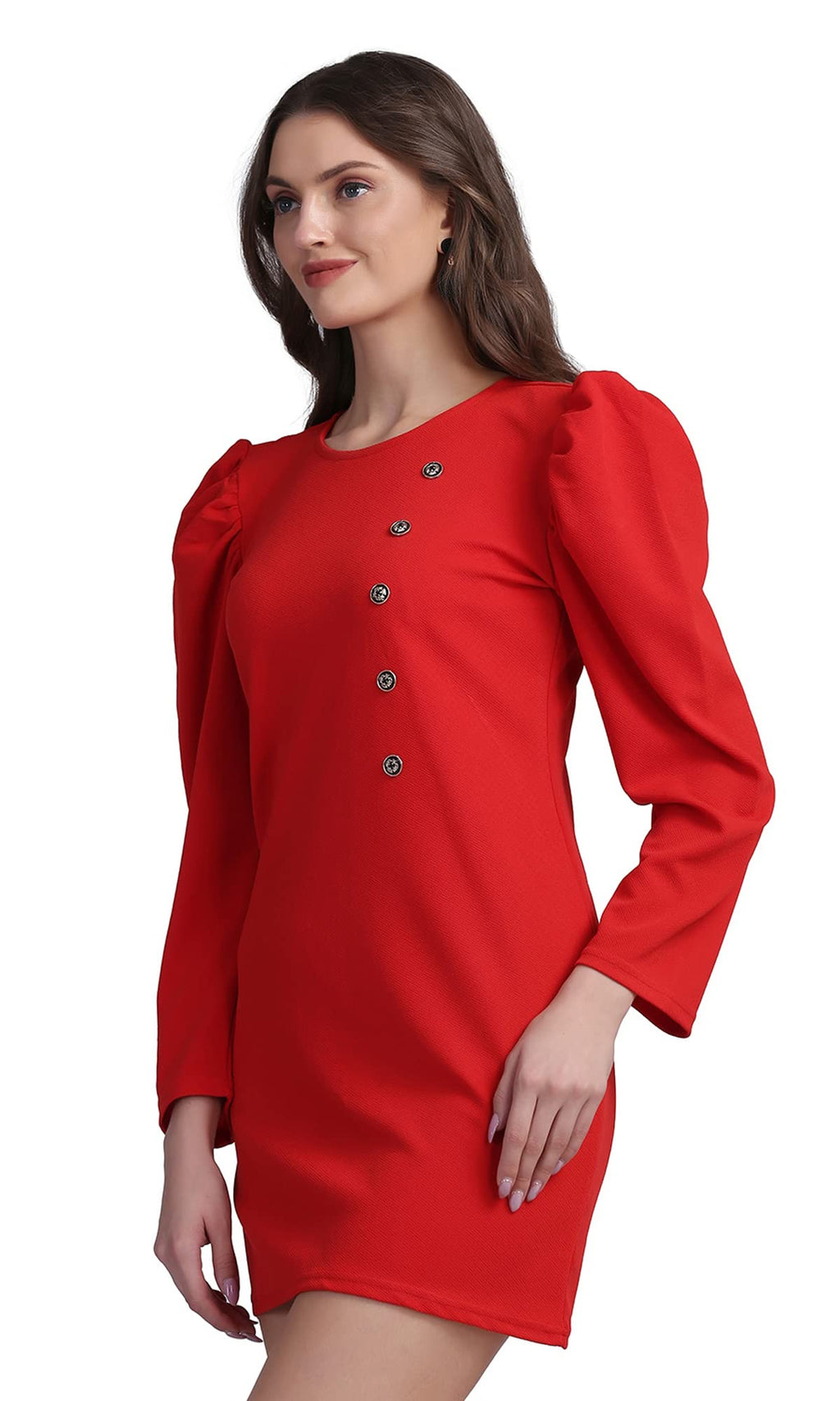 Shasmi WomenS Comfortable Red Round Neck Full Sleeve Solid Midi Bodycon Casual Western Stylish Dress For Womens/Midi Dress For
