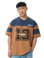 The Souled Store Colourblock: Teal Terrain Men and Boys Short Sleeves V Neck Brown and Blue Cotton Oversized T-Shirts