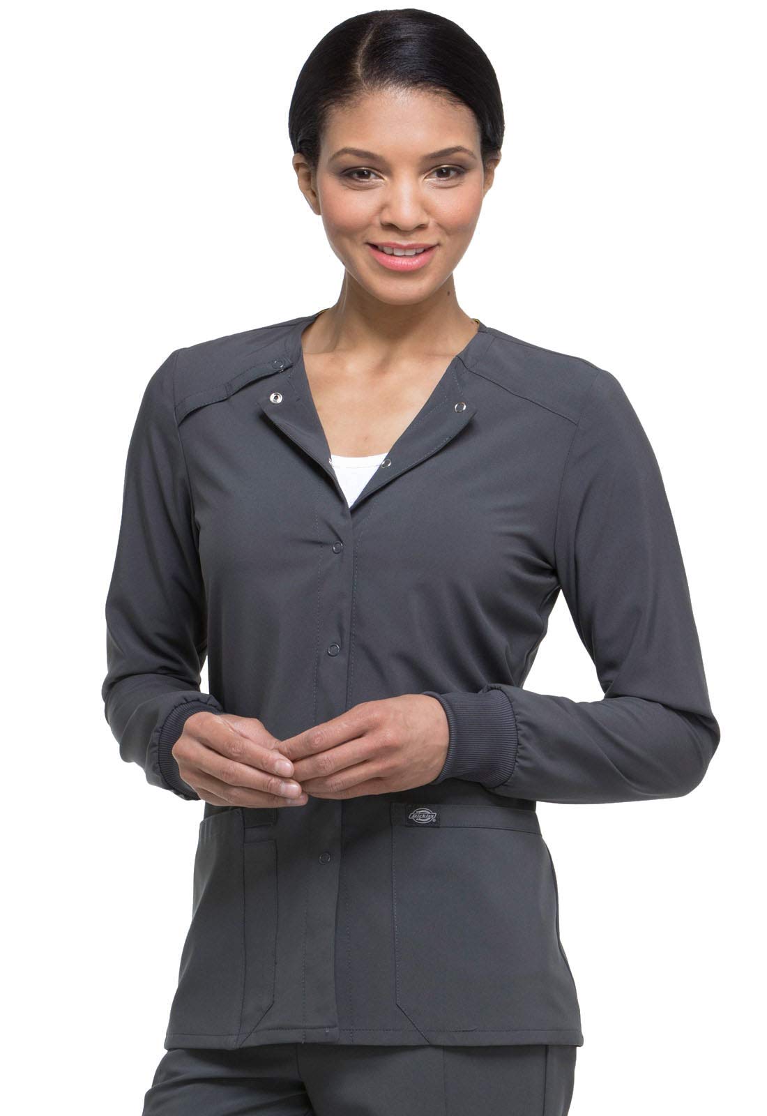 Dickies Scrub Jackets For Woman Snap Front Warm-up Jacket With 2 Pockets - DK305, L, Pewter