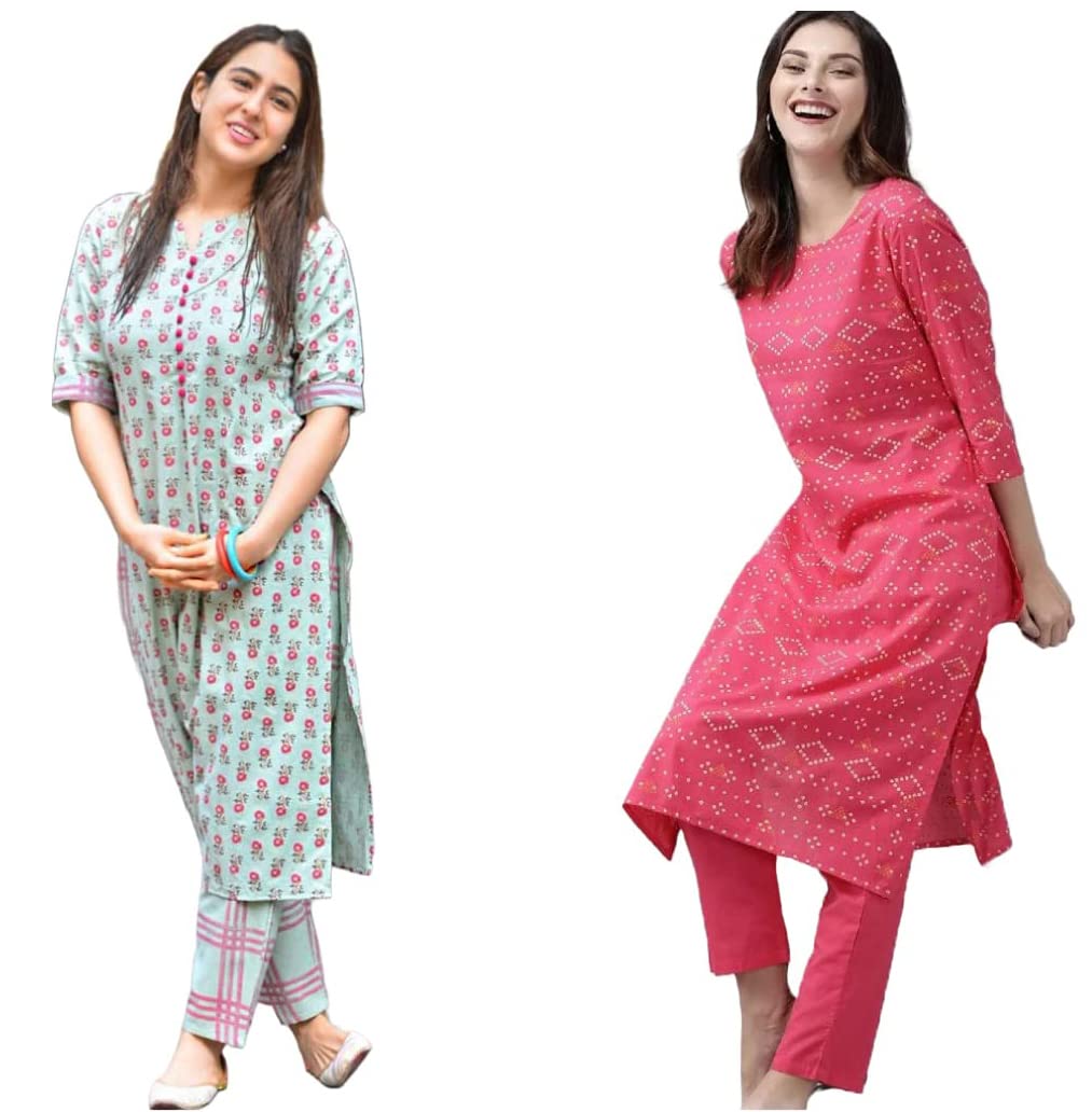 Gosriki Women'S Cotton Blend Printed Straight Kurta With Pant Pack Of 2 (Combo-Disini-Excel Pink_Xl-Gs_Multi_X-Large)