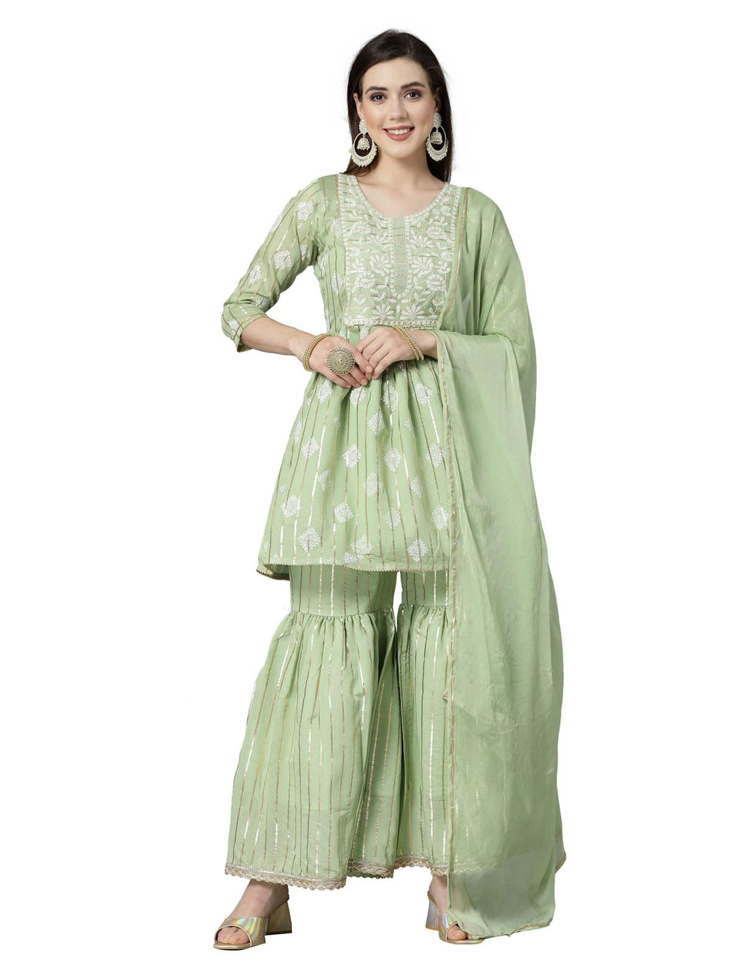Stylum Women'S Printed & Embroidered Chanderi Cotton Kurta Sharara Dupatta Set (Ksdkasata40_Light Green, L)