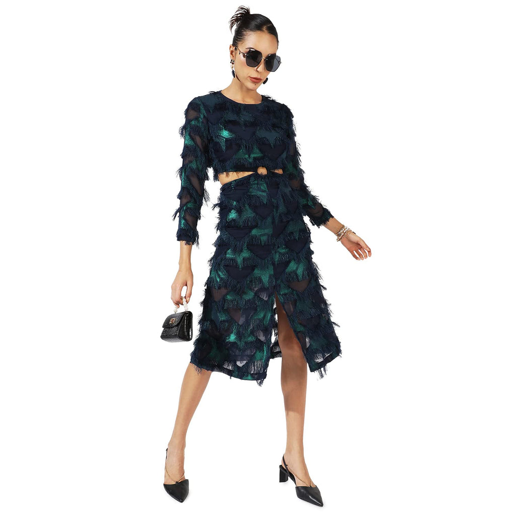 Campus Sutra Women'S Green & Blue Cutout Fringe Dress For Casual Wear | Long Sleeve | Midi Length | Dress Crafted With Comfort F