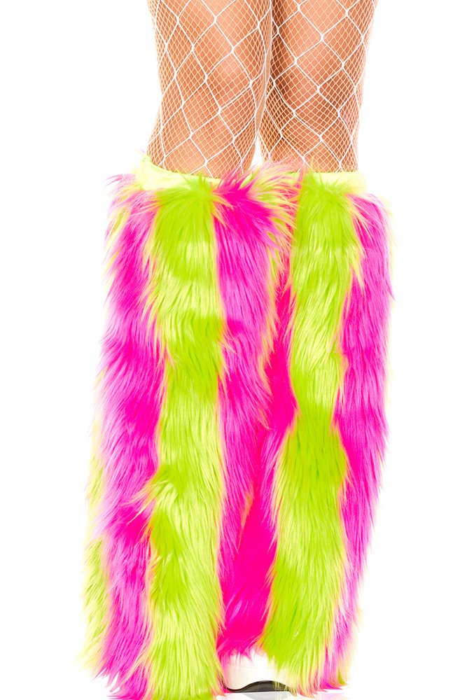 Music Legs 5542-NGREEN-NPINK Vertical Striped Faux Fur Leg Warmers - Neon Green & Neon Pink