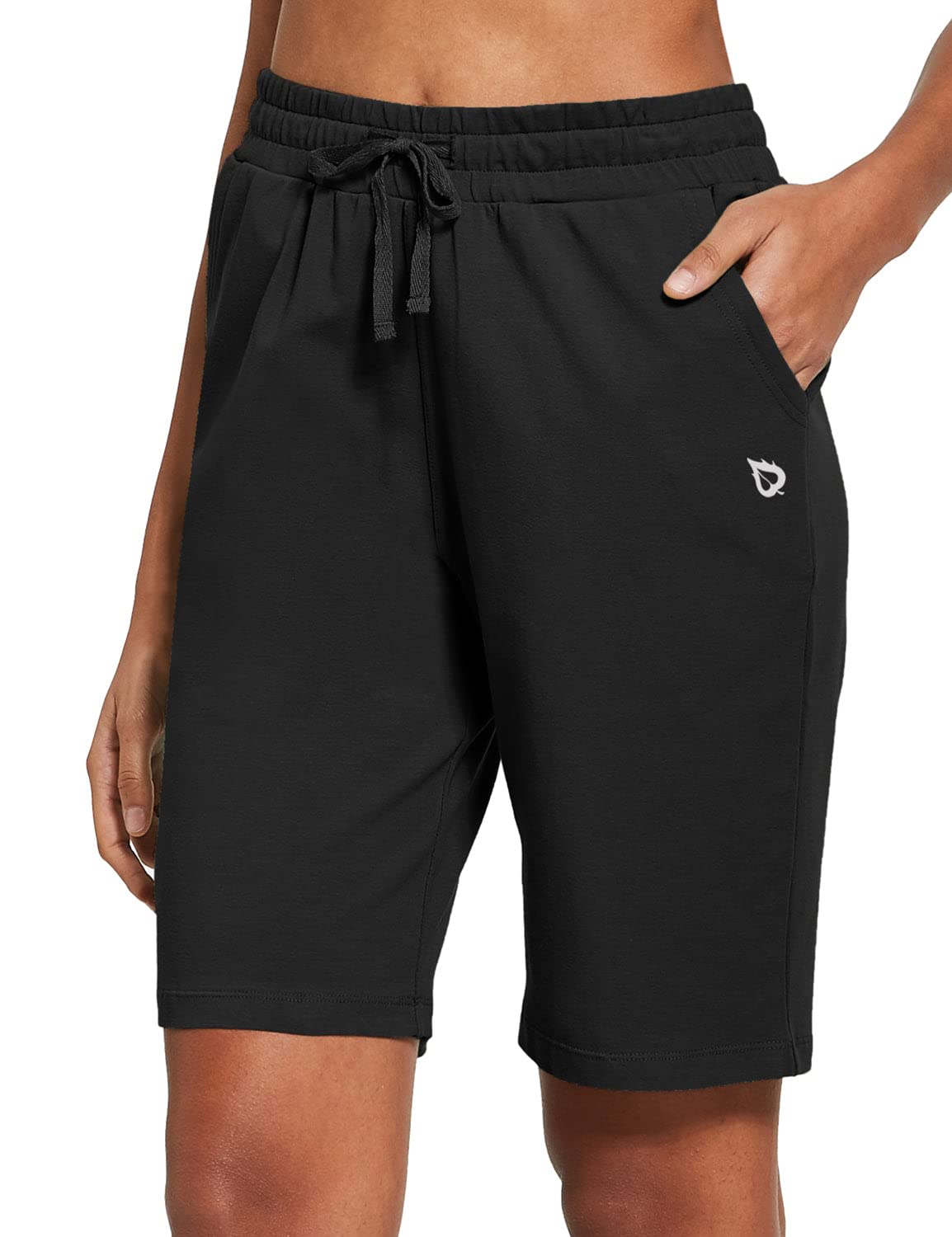 BALEAF Women's 10 Bermuda Shorts Long Cotton Casual Summer Knee Length Pull On Lounge Walking Exercise Shorts with Pockets Black
