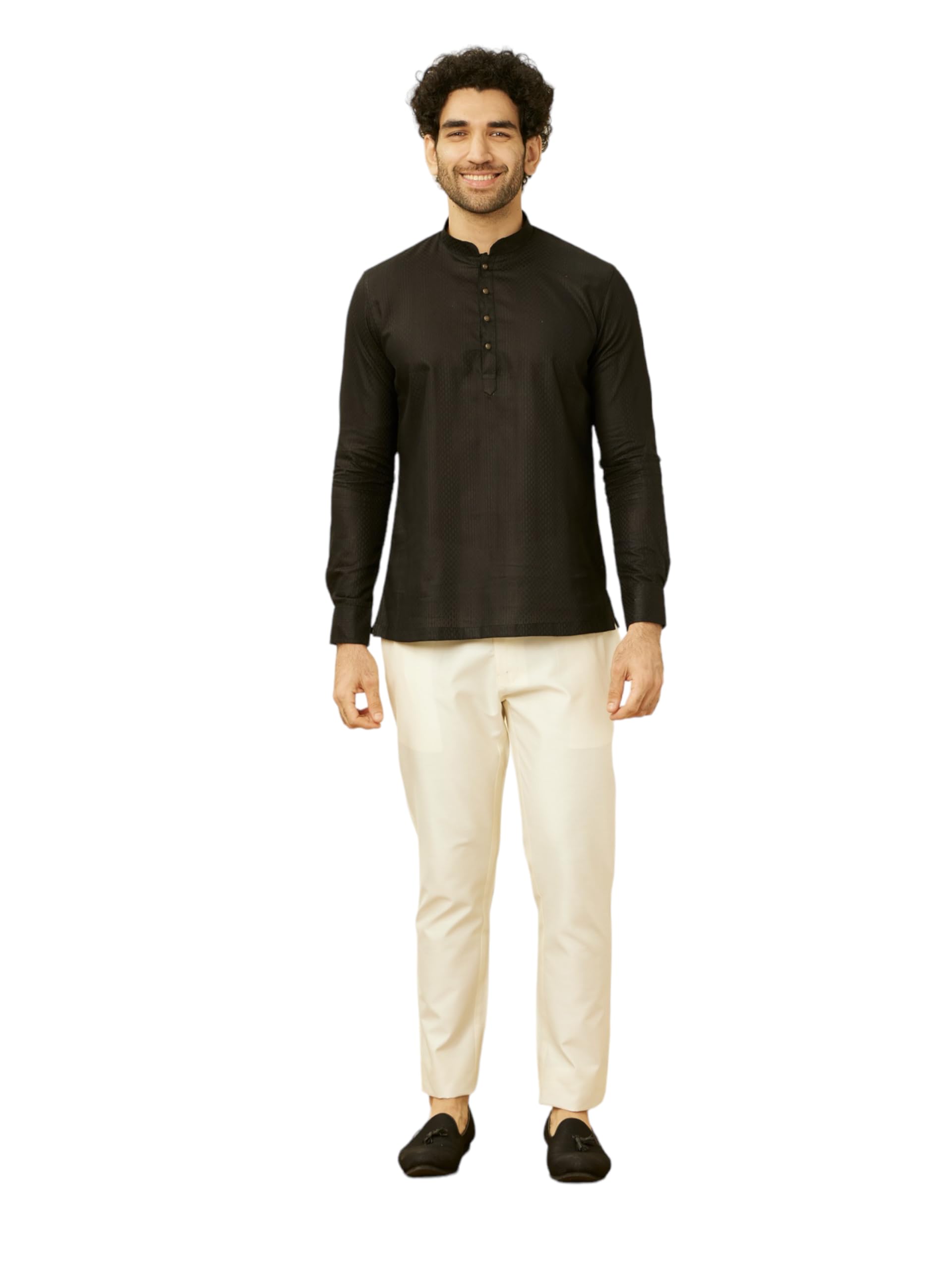 Manyavar Mens Black Cotton Short Kurta