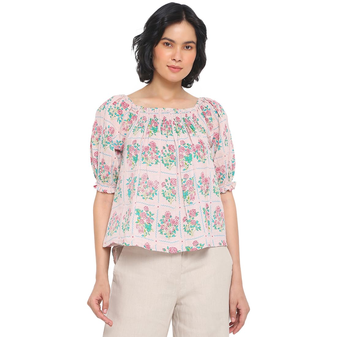 Fabindia WomenS Cotton Printed Regular Fit Top (209993401_Pink, Large