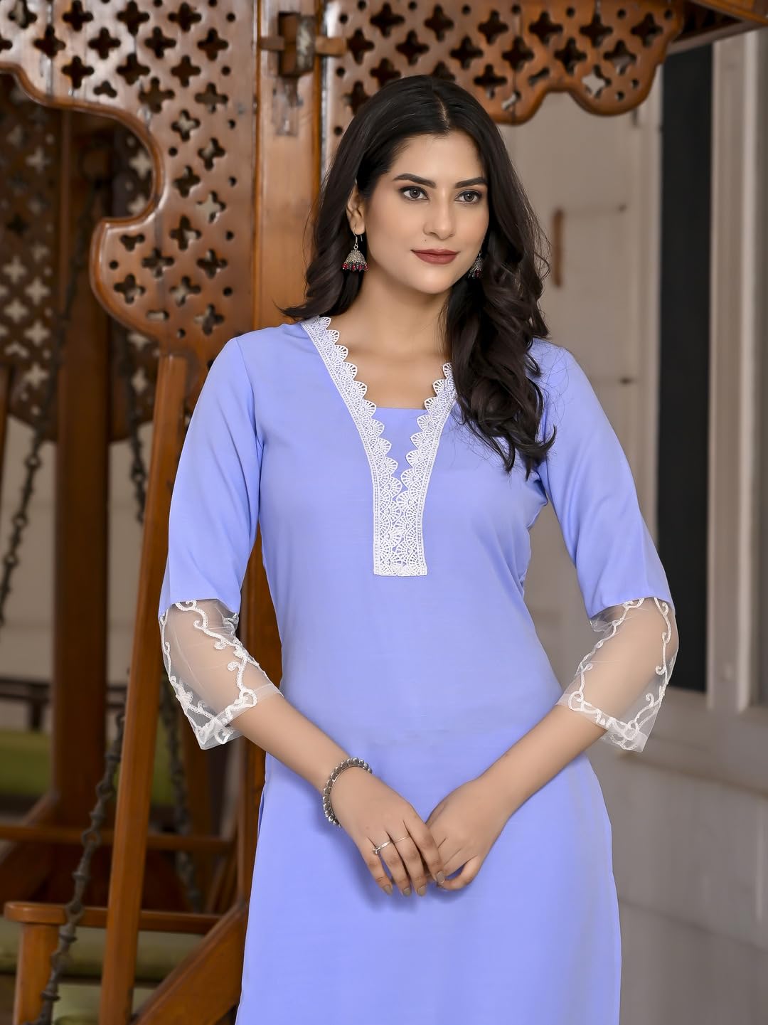 ANNI DESIGNER Ladies Cotton Blend Kurta with Trousers, azure, M