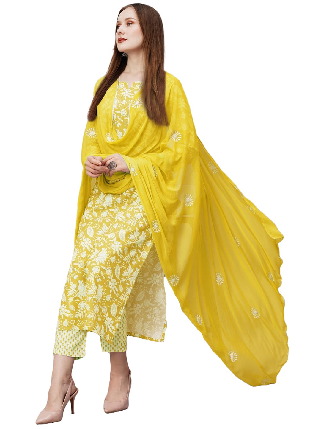 ANNI DESIGNER Womens Cotton Blend Straight Printed Kurta with Pant & Dupatta (MEI Yellow_L_Yellow_Large)