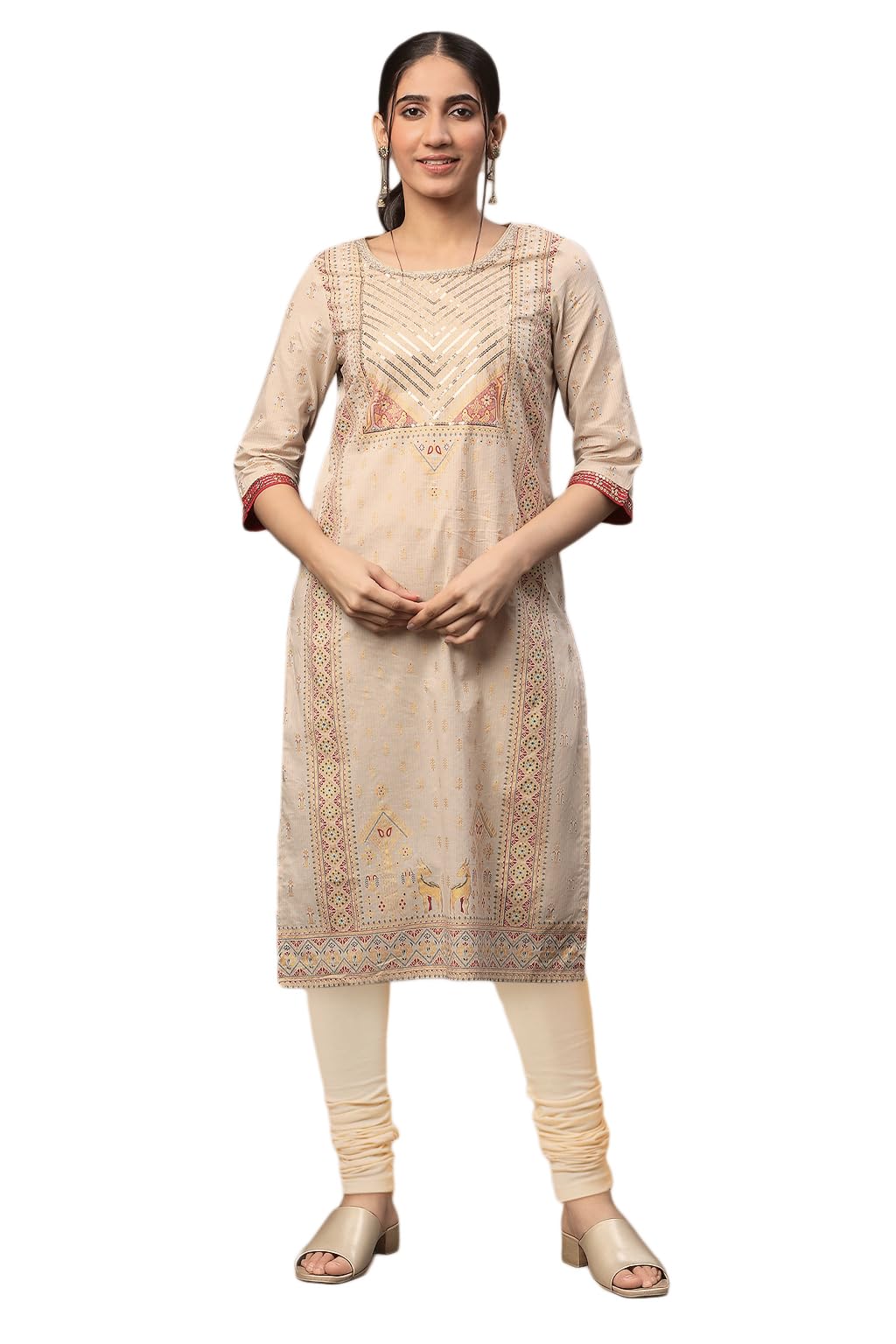 Aurelia Womens Beige Zari Pure Cotton Straight Kurta and Churidar Set (Size: M)-ONVAS14429-506976