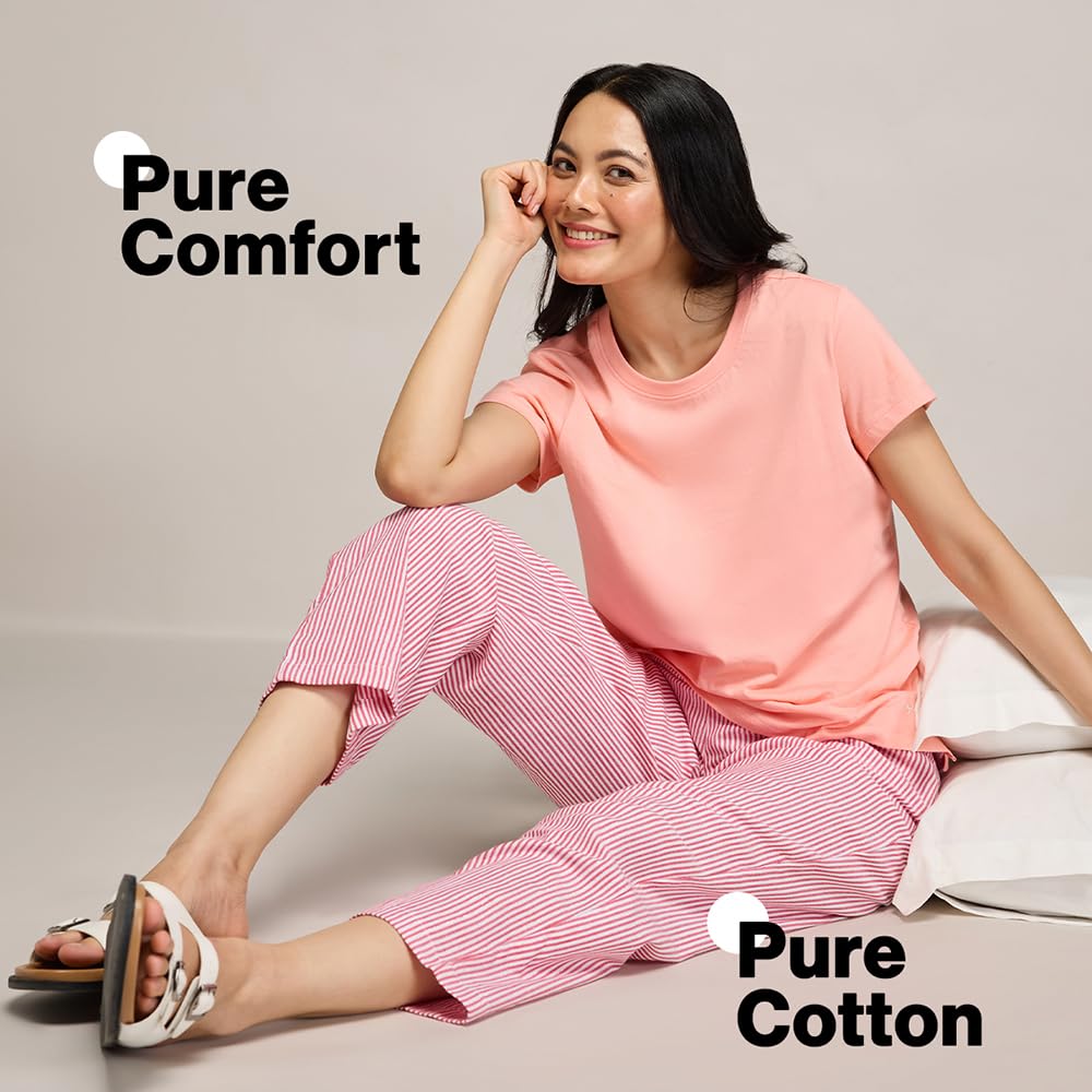 NYKD (NYS141 Striped Pure Cotton Pyjama Sleepwear Pants for Women | Relaxed Fit with Non-Slip Elasticated Waistband, Adjustable