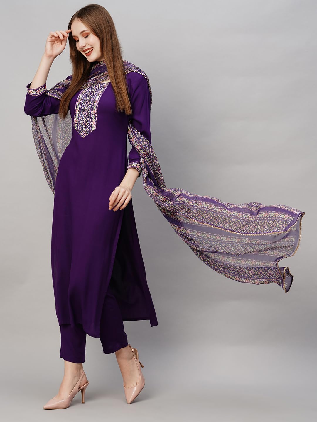 ANNI DESIGNER Womens Cotton Blend Straight Solid Kurta with Pant & Dupatta (SARU-BEGNI_XXL_Blue_XX-Large)