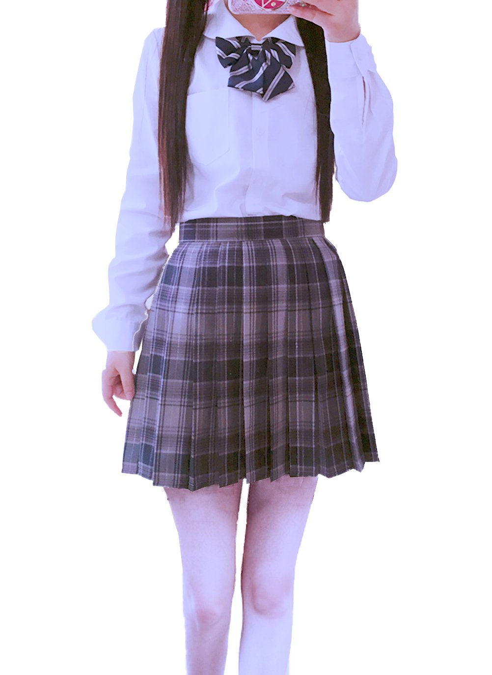 Girl's School Uniform Plaid Pleated Costumes Skirts (M,Grey Mixed Purple)