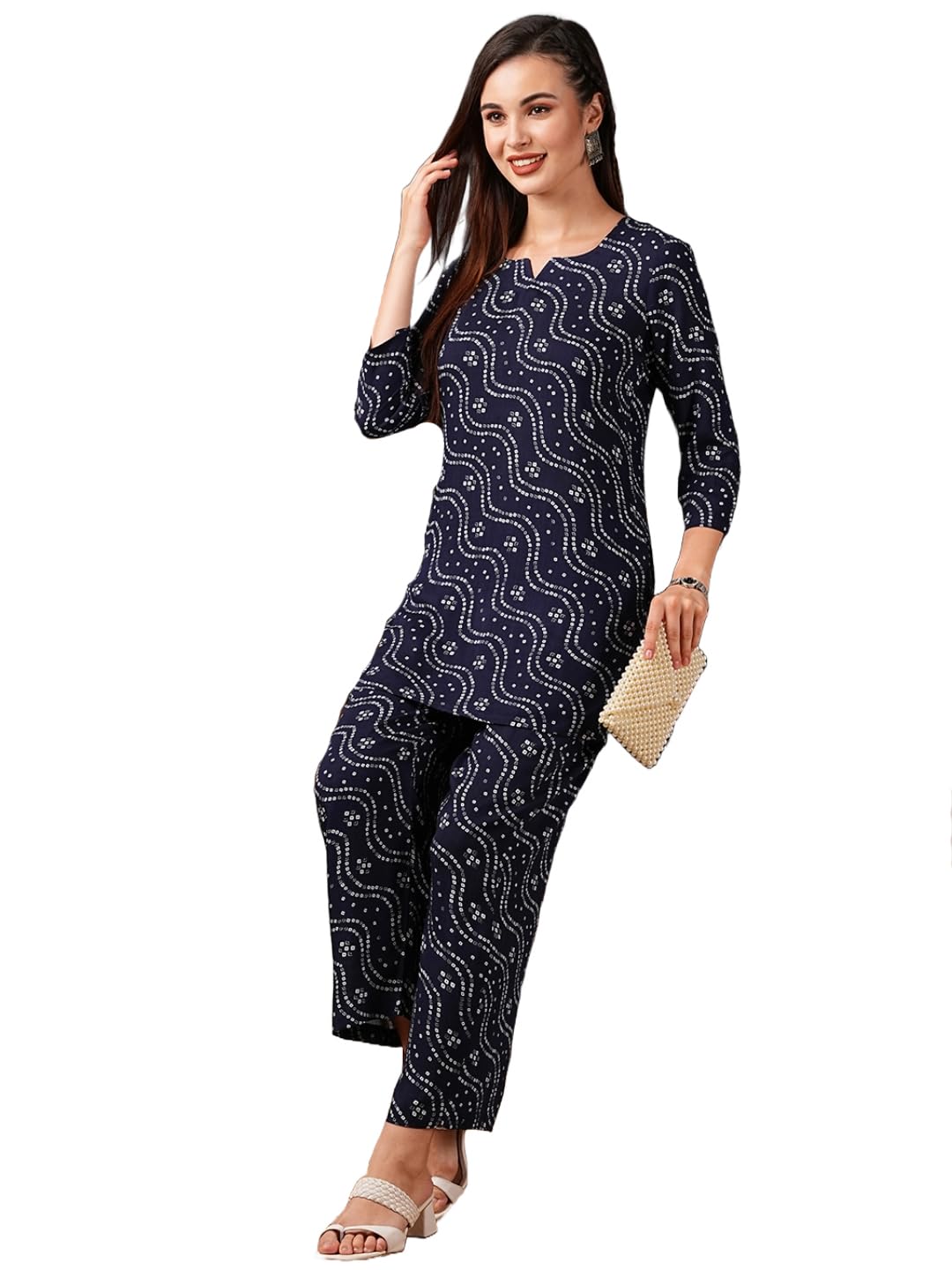 GoSriKi Womens Rayon Blend Bandhej Printed Ethnic Co-Ord Set (Nesta Blue-NL-GS_XXL_Blue_XX-Large)