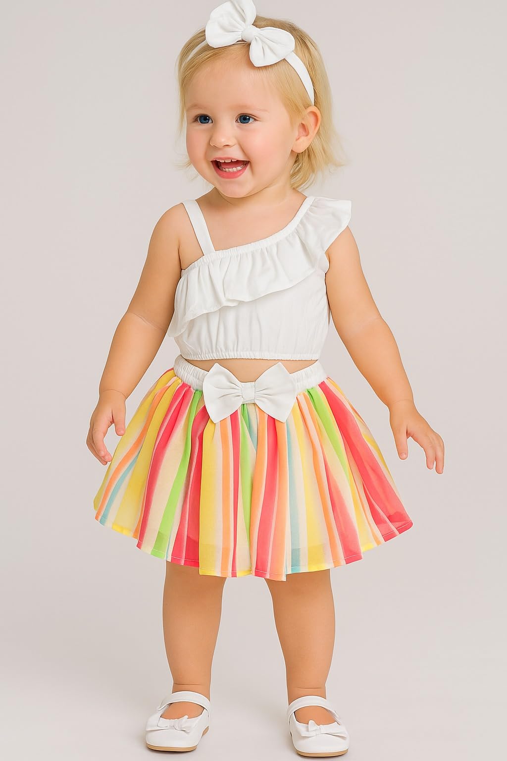 A.T.U.N. (ALL THINGS UBER NICE) Baby Girls One Shoulder Crop Top with Printed Skirt & Matching Headband | 3 Piece Outfit Set