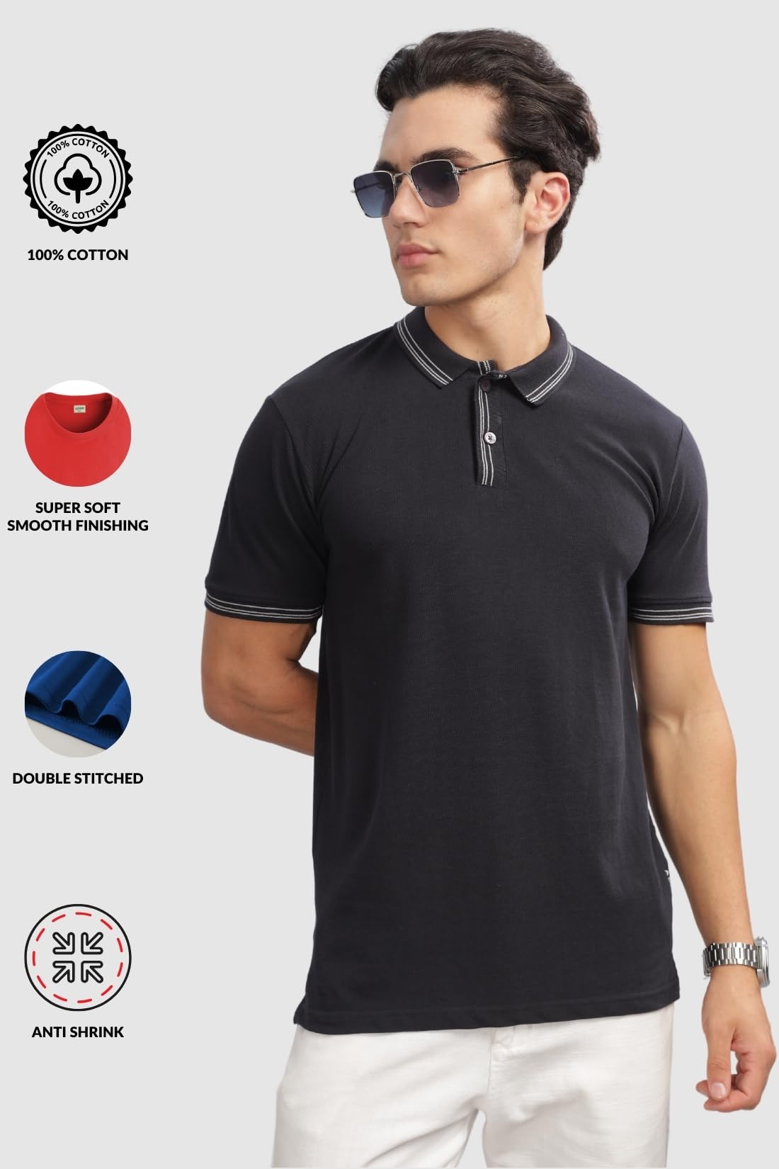 ADRO Polo T Shirt for Men | Black Polo T-Shirt | 100% Cotton Polo Tshirt | Regular Fit Polo| Available in Plus Size Polo|PN24-ST