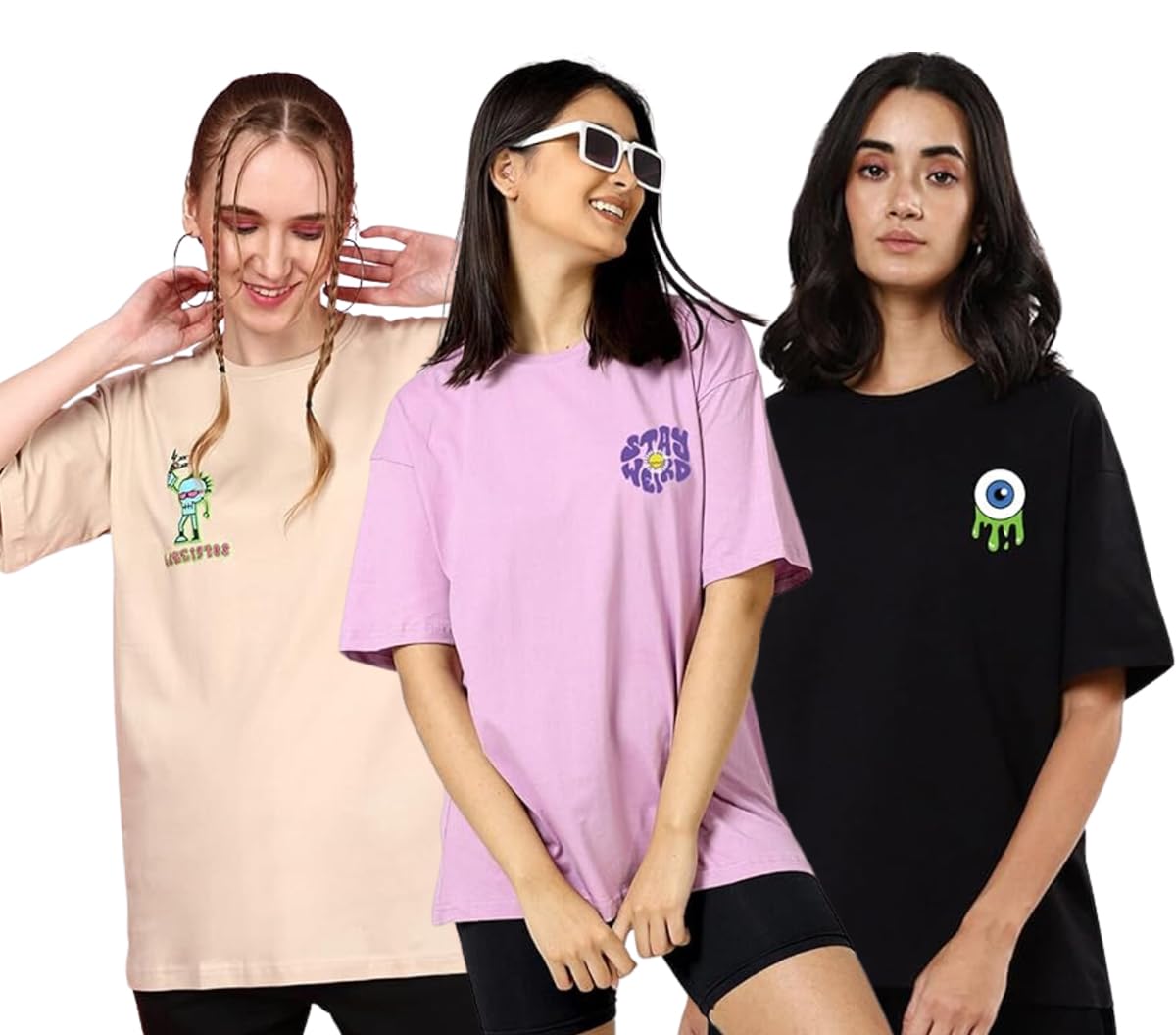 Juneberry Pure Cotton Oversized Loose Baggy Fit Drop Shoulder Half Sleeve Cool Front & Back Graphic Printed Round Neck T-Shirt F
