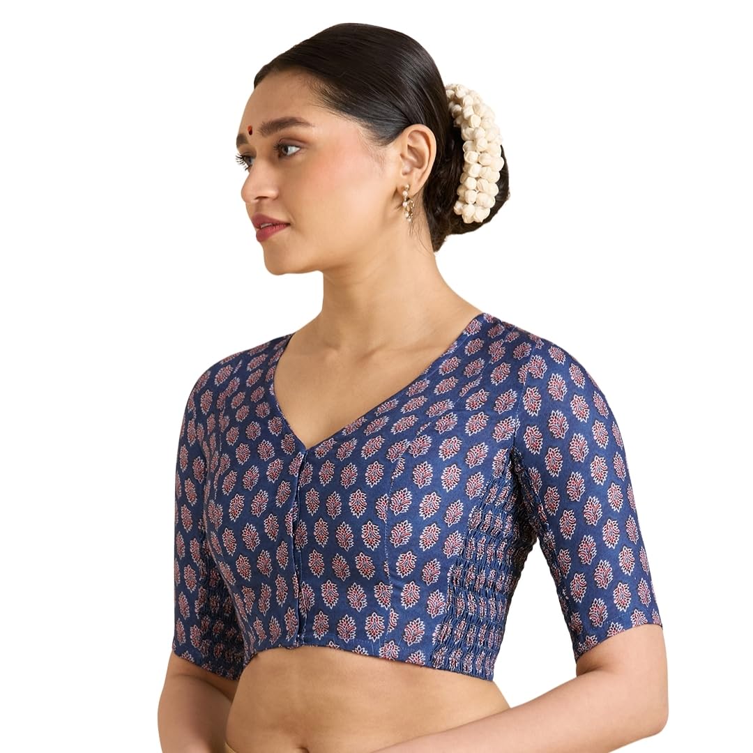 Studio Shringaar WomenS Blue Cotton Printed Side Stretch (Smocked) Readymade Saree Blouse (Blue, 40) 40