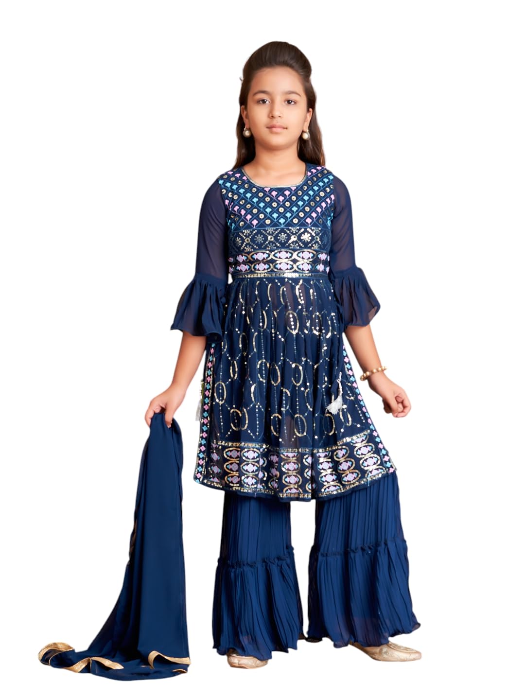 Aarika Girls Ethnic Wear Teal Blue Colour Sequin Thread Embroidery Kurti Sharara Set With Dupatta-(5-11 Years)-(Sh-Mc-1644-T-Blu