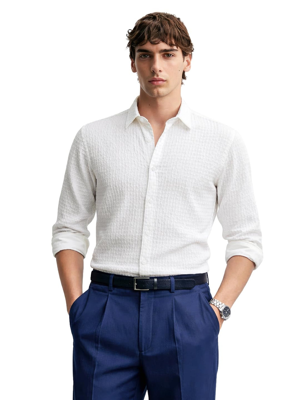 The Indian Garage Co Mens Slim Fit Textured Cutaway Collar Long Sleeves Party Streatchable Shirt