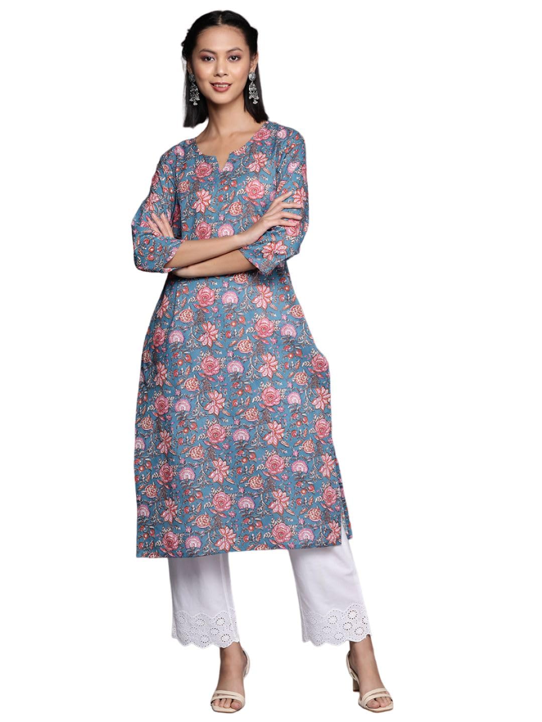 Varanga Women'S Cotton Regular T-Shirt (Nv_Vkur1218_Blue