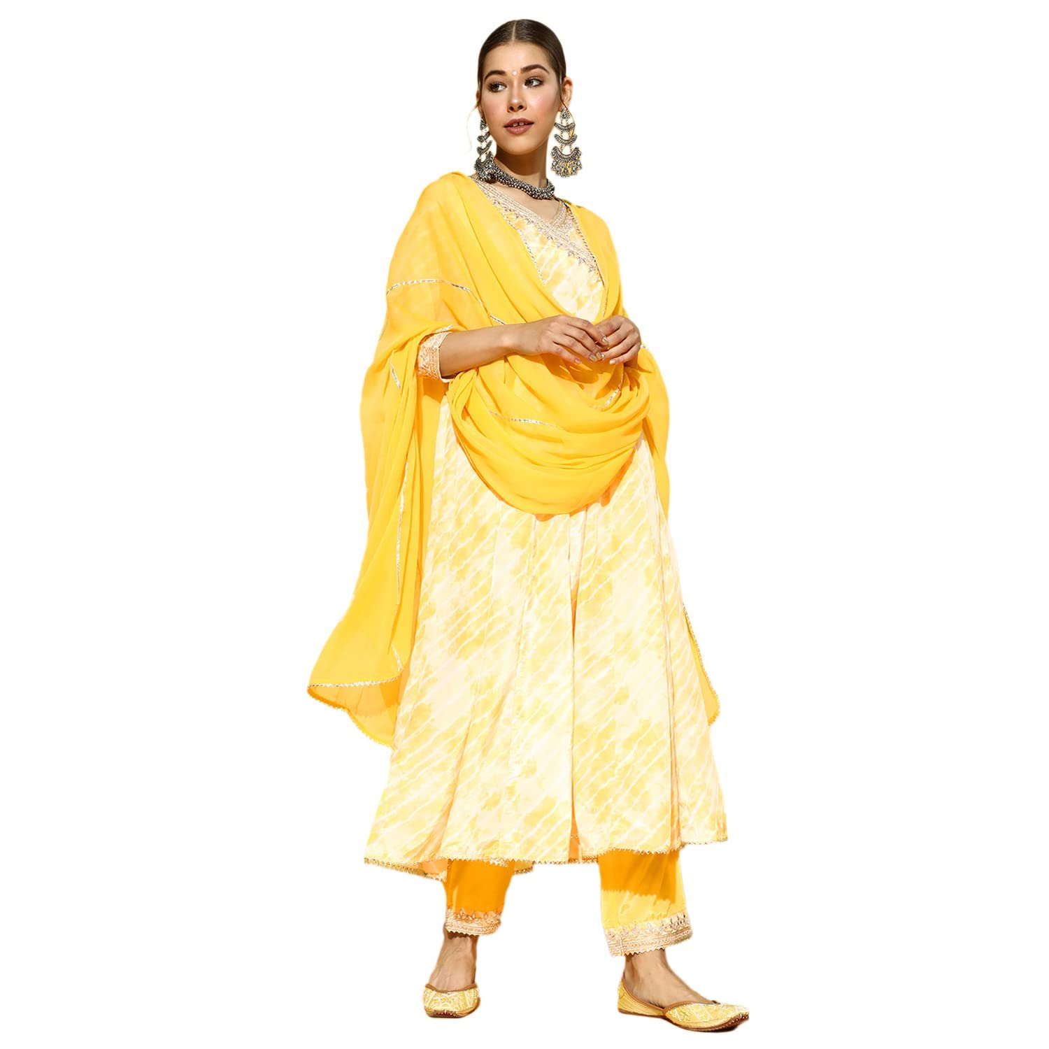 ishin Womens Silk Blend Embroidered Anarkali Kurta suit set With Dupatta & Pants Kpdrlc-17010ff_M_Yellow
