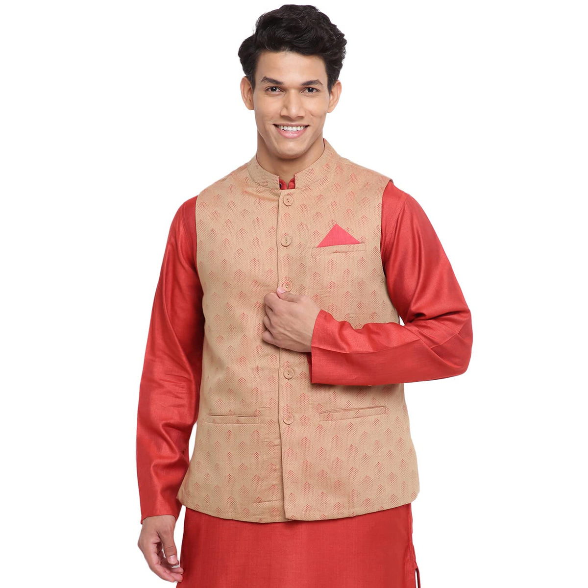 Fabindia Men Blend Chinese Collar Nehru Jacket Linen_Xl