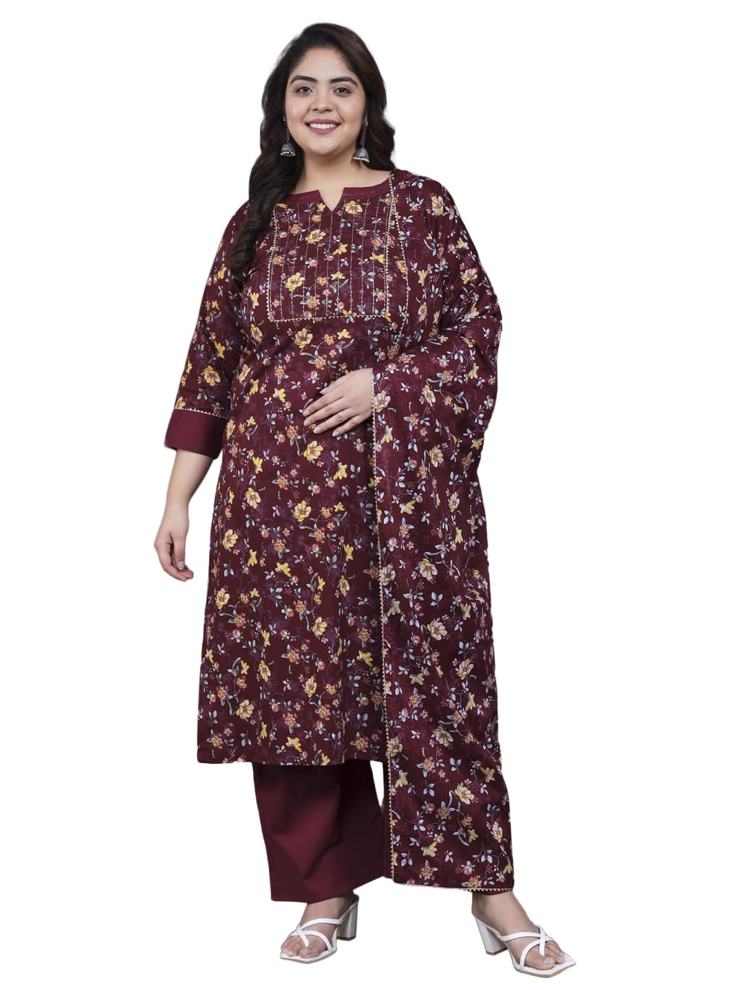 Tissu Womens Plus Size Maroon Floral Printed Pure Cotton Kurta & Palazzo with Dupatta (T_691_Maroon_3XL)