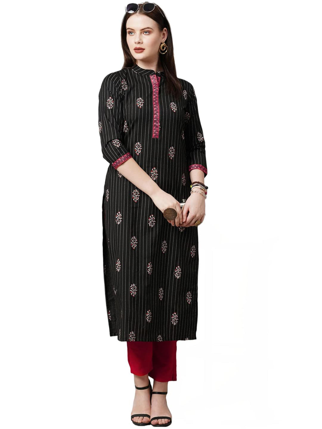 ANNI DESIGNER Women's Cotton Blend Traditional Straight Printed Kurti (KD Black_XL_Black_X-Large)
