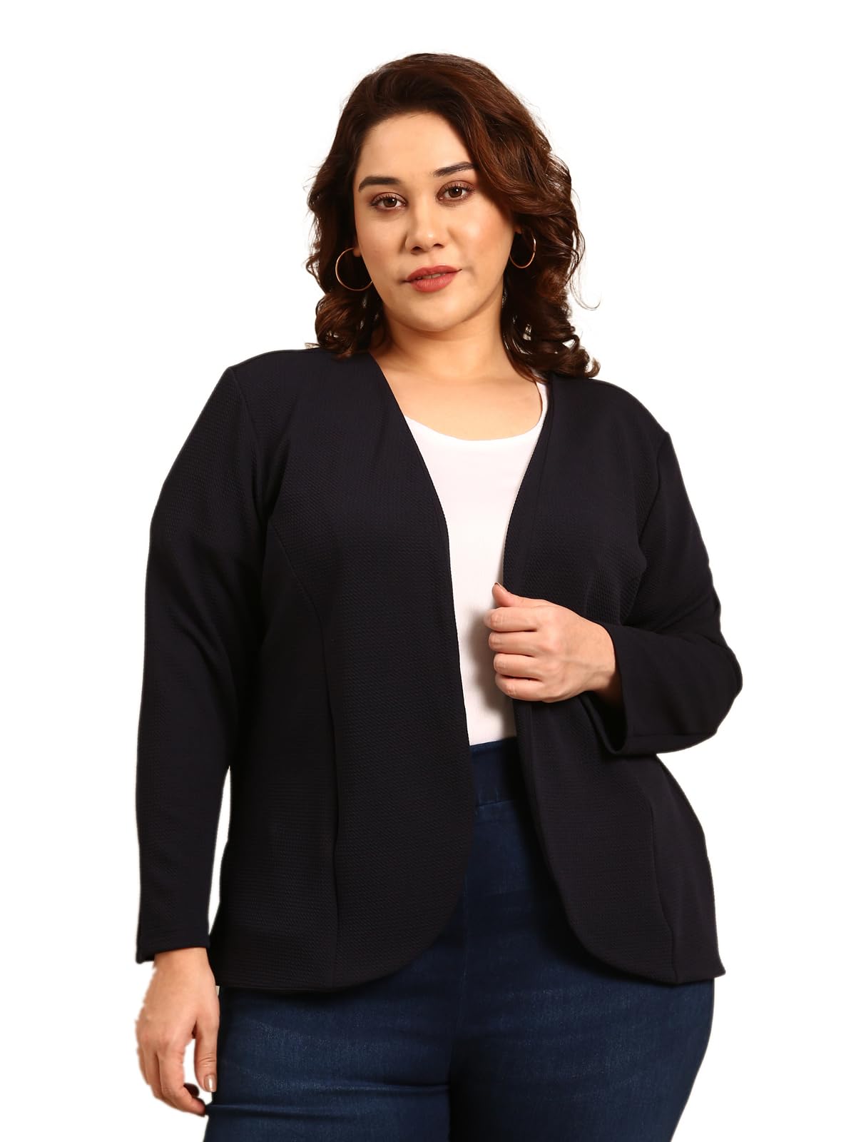 The Pink Moon Womens Polyester Regular Fit Plus Size Navy Embossed Formal Open Jacket  (JCKT_AIMJ18_NVY_Navy Blue_5XL) 5