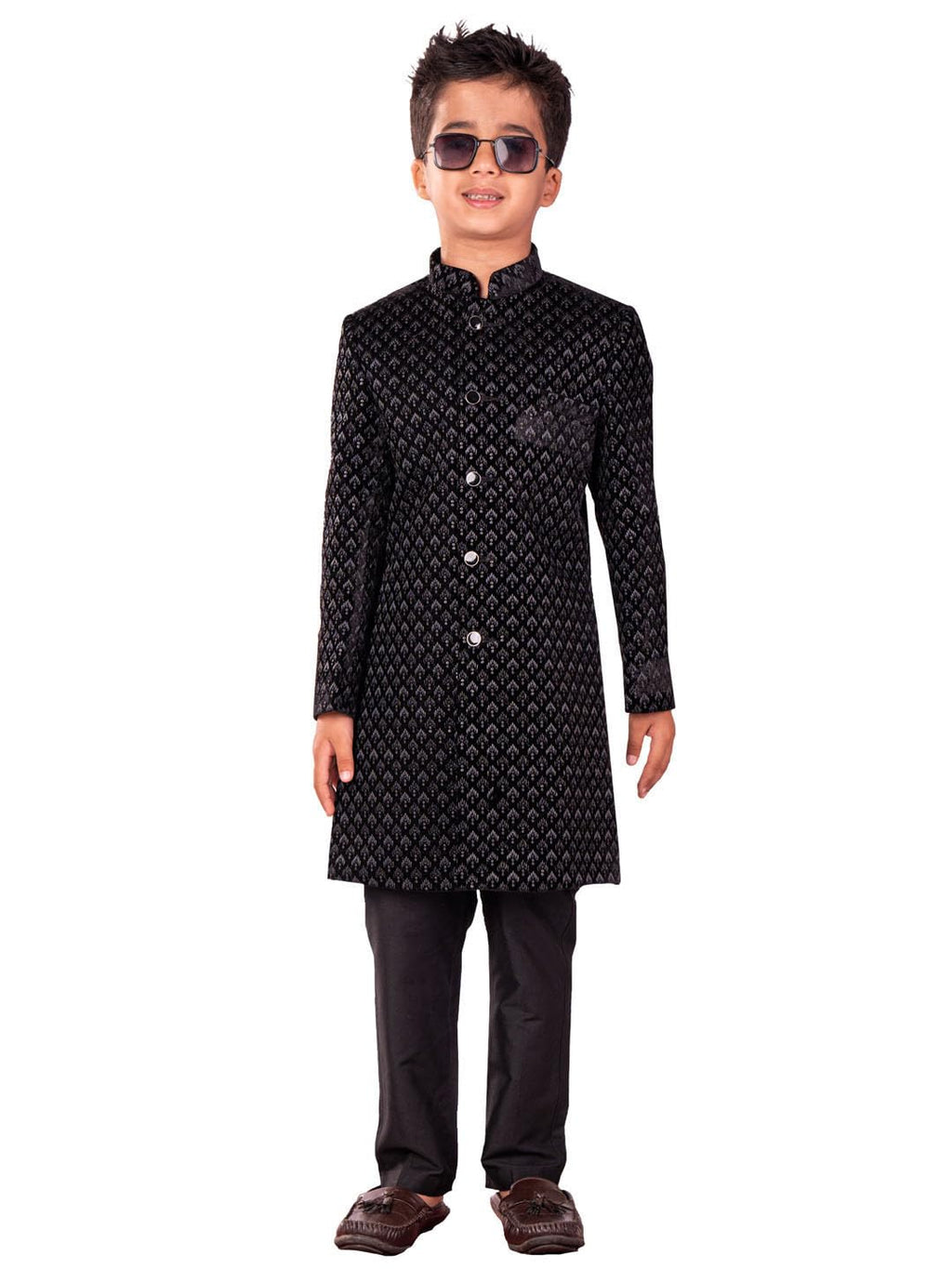 VASTRAMAY Boys Velvet Black Sherwani Set | Sequined Embroidered Indo Western With Pant style Pyjama