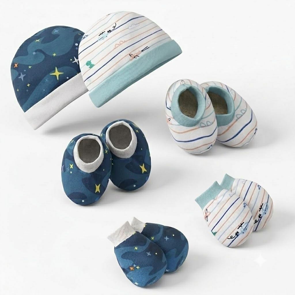 Vparents Baby Mittens Caps Gloves And Booty Combo Unisex Booty Set Durable Cotton Gift Set Assorted Deisgn Set Of 2 03 Months 2