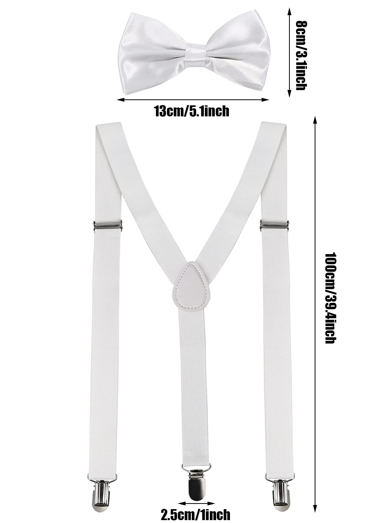 SATINIOR Suspender and Bow Tie Set 80s Clip on Suspenders for Men Women(White)