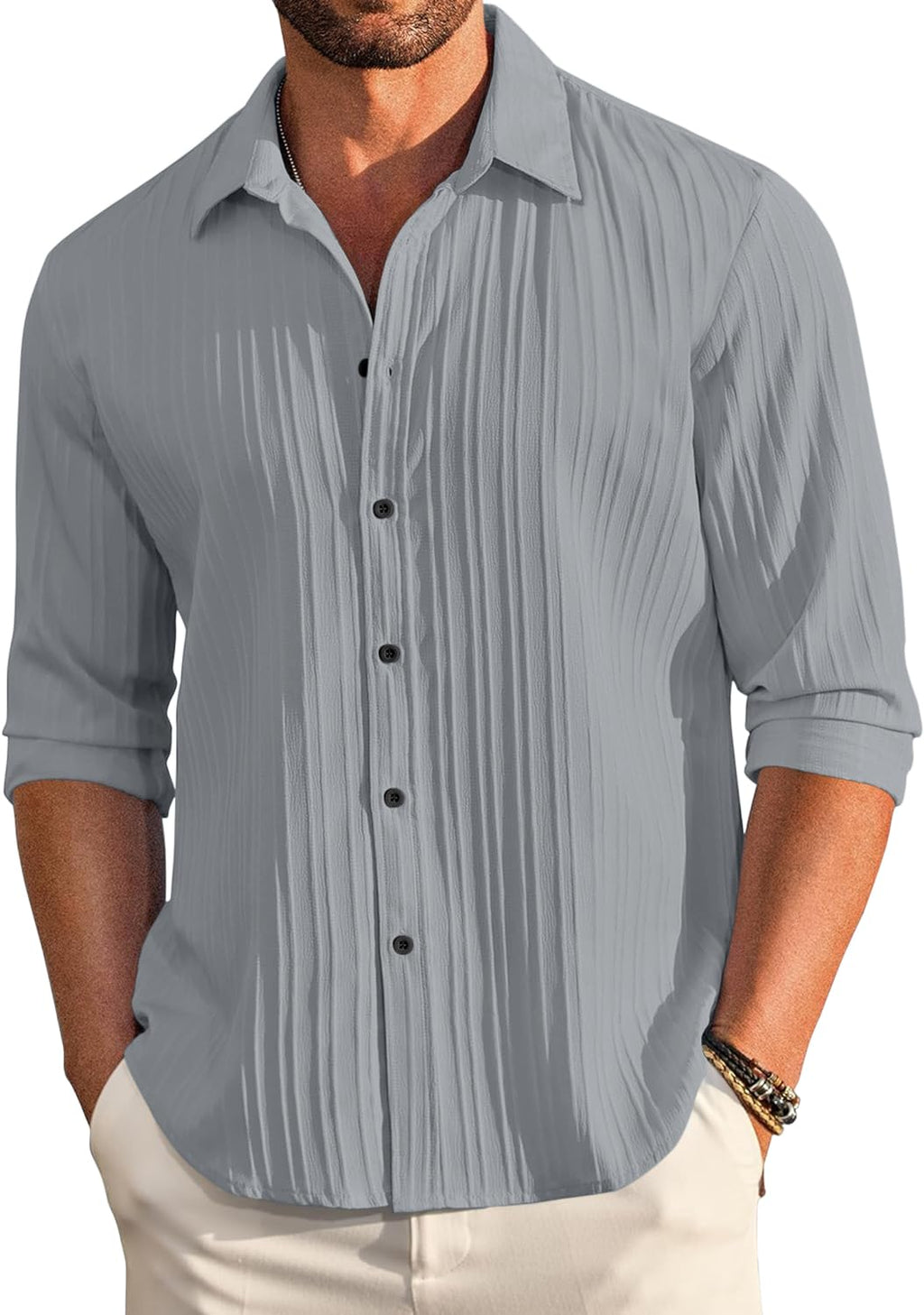 Finivo Fashion MenS Casual Cotton Plain Button Down Shirt Long Sleeve Textured Summer Beach Shirt For Men