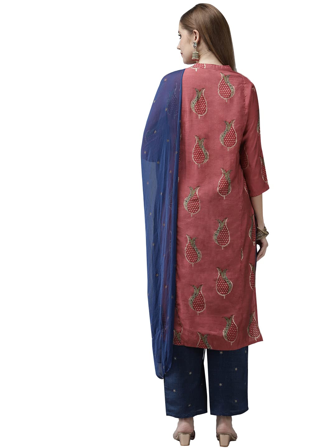Ishin Women'S Art Silk Embroidered Beads And Stones Rose Floral Print A-Line Kurta Suit Set With Dupatta & Palazzo